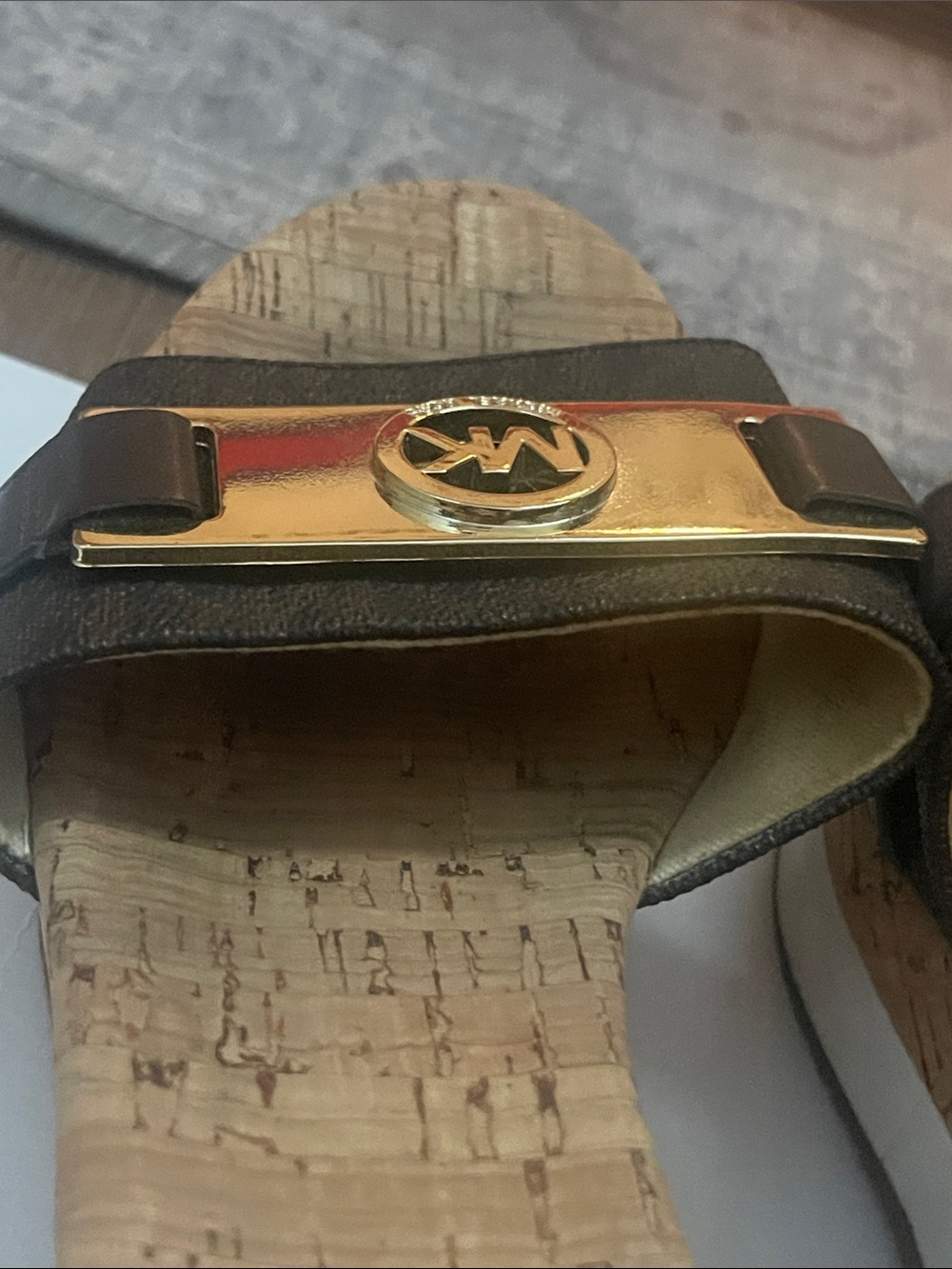 Michael Kors Brown Monogram Cork Wedge Slide Sandals with Gold Logo - Picture 9 of 12